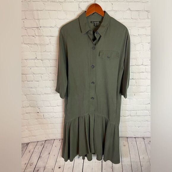 ZARA Trafaluc TRF Olive Khaki Oversized Shirt Dress w/ Frill Ruffle M - Picture 3 of 13